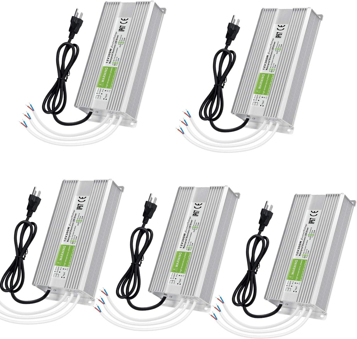 5 Pack Waterproof IP67 LED Power Supply Driver Transformer 300W 110V AC to 12V DC Low Voltage Output with 3-Prong Plug 3.3 Feet Cable U5354