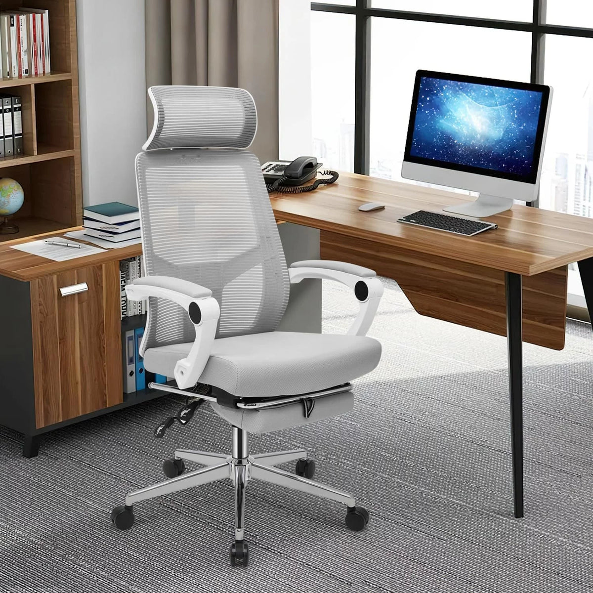 Grey Ergonomic High Back Mesh Office Chair with Footrest Y715606