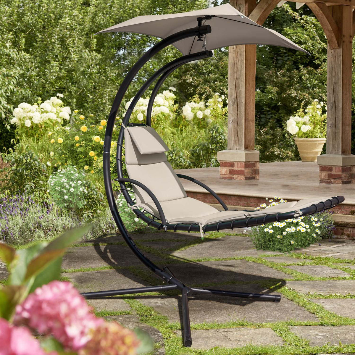 Beige Curved Hanging Chaise Lounge Chair with Canopy Y2498
