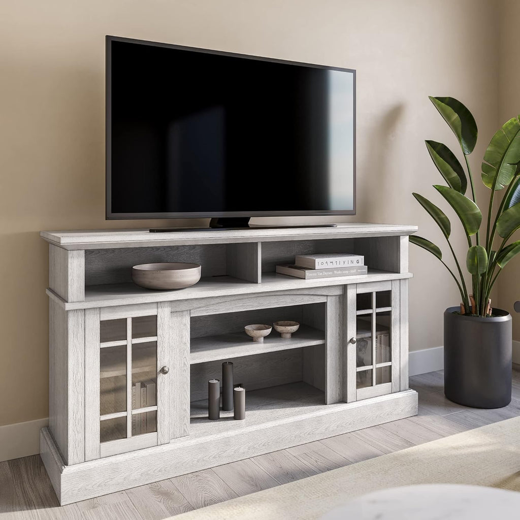 Gray Wash Electric Fireplace TV Stand with Open Storage Shelves & Cabinets G26952