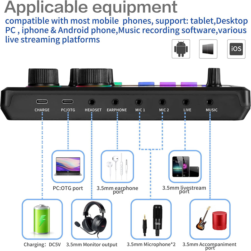 Podcast Equipment Bundle, Audio Interface Mixer, Sound Card with Microphone P16448