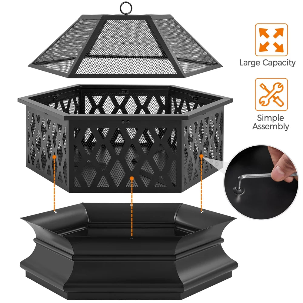 Black Hex-Shaped Steel Wood Burning Fire Pit with Spark Screen & Fire Poker B205734
