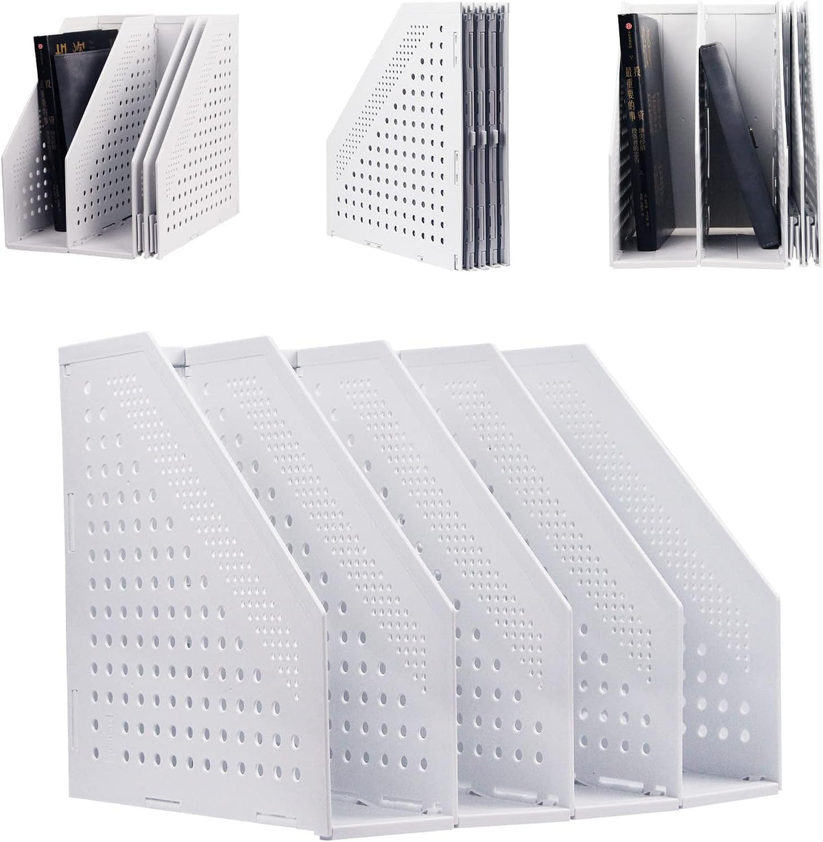 Gray 2Pcs Collapsible Magazine File Holder with 3 Vertical Compartments M4187