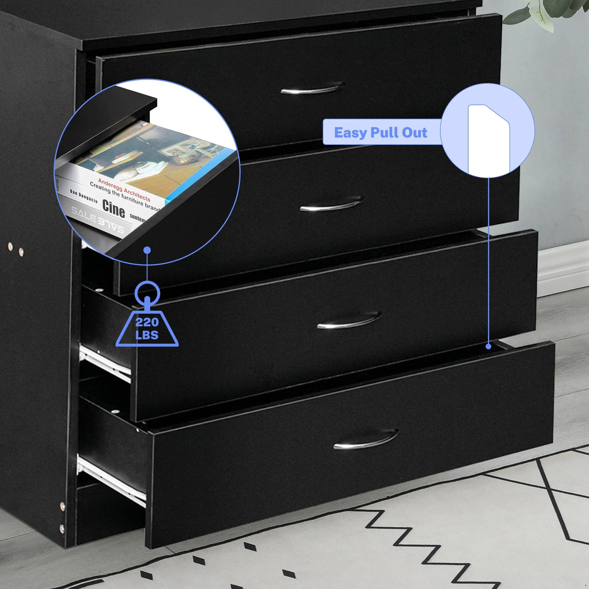 Black 4 Drawer Wood Dresser M62004