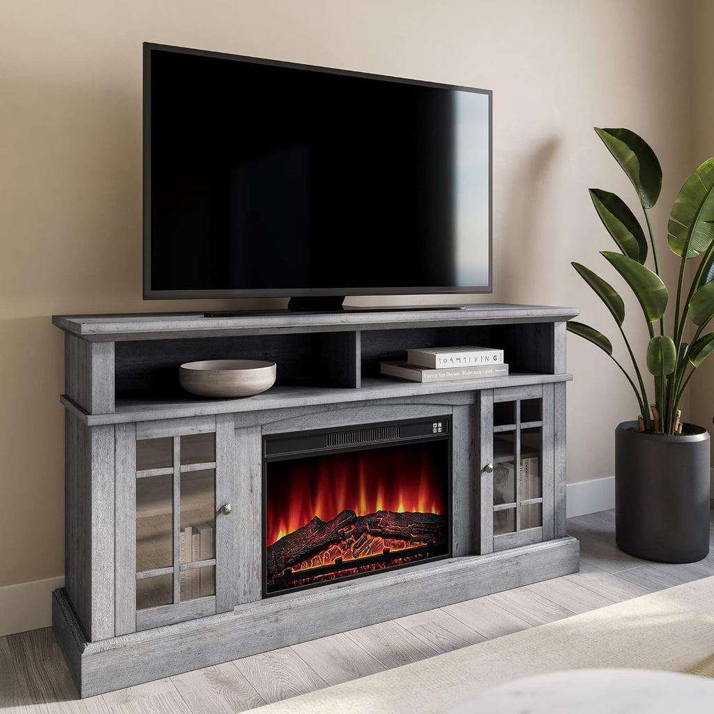 Gray Wash Electric Fireplace TV Stand with Open Storage Shelves & Cabinets G26952