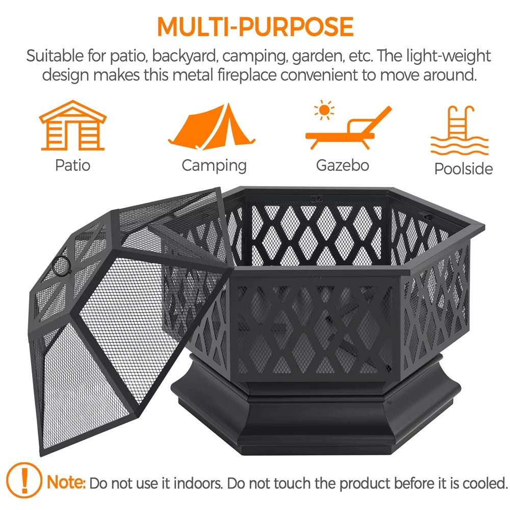 Black Hex-Shaped Steel Wood Burning Fire Pit with Spark Screen & Fire Poker B205734