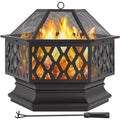 Black Hex-Shaped Steel Wood Burning Fire Pit with Spark Screen & Fire Poker B205734