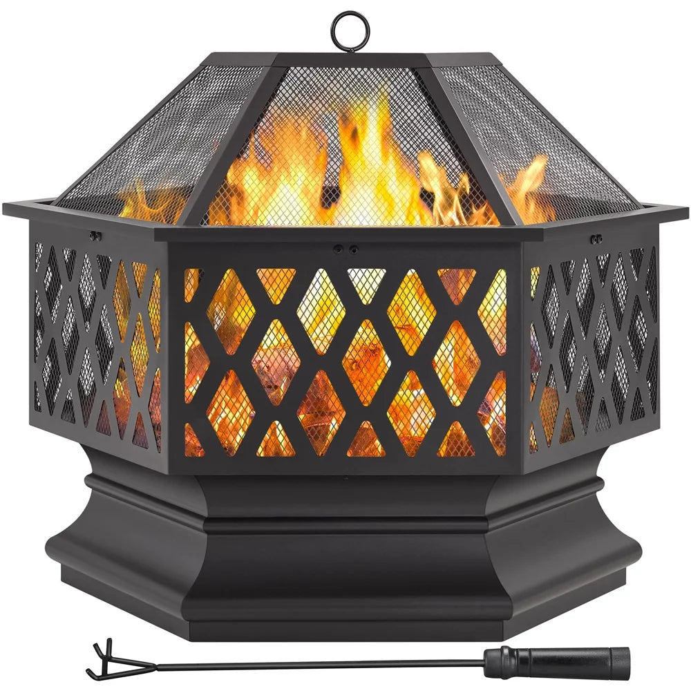 Black Hex-Shaped Steel Wood Burning Fire Pit with Spark Screen & Fire Poker B205734