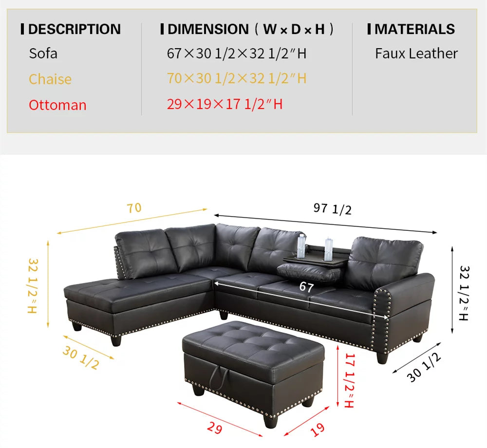 Black Leather Sectional Sofa with Storage Ottoman and Pillows Z3186