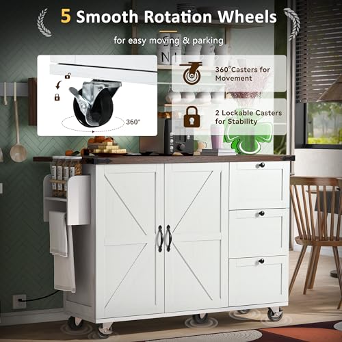54.5" Farmhouse Mobile Kitchen Island with Power Outlet, Drop Leaf, Spice Rack and Drawer M55652