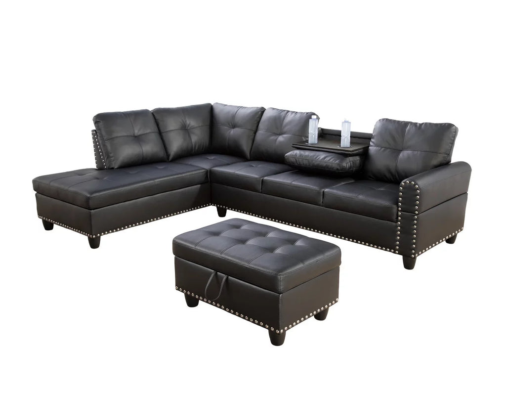 Black Leather Sectional Sofa with Storage Ottoman and Pillows Z3186