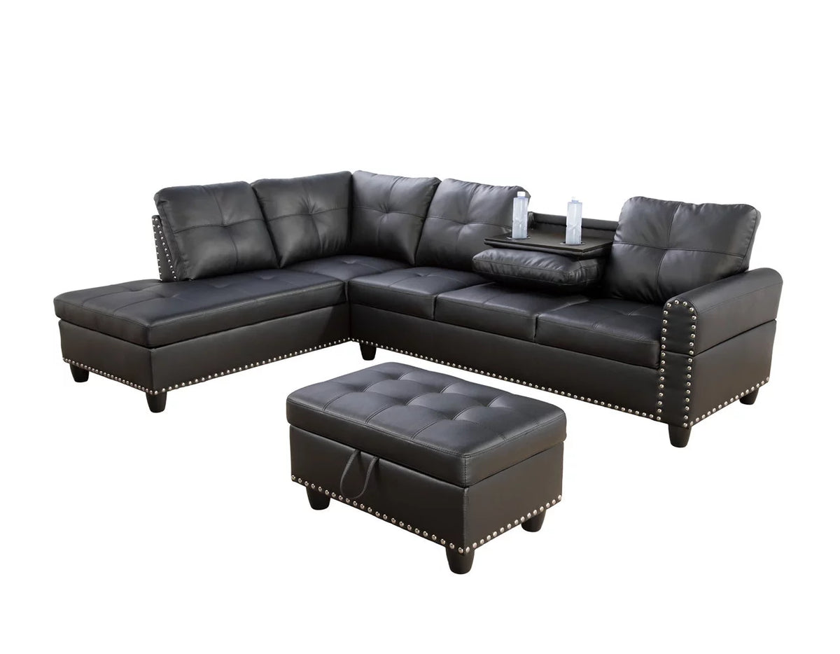 Black Leather Sectional Sofa with Storage Ottoman and Pillows Z3186