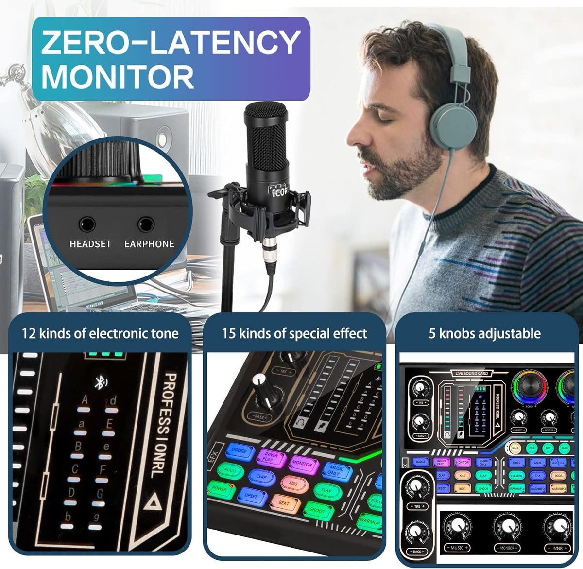 Podcast Equipment Bundle, Audio Interface Mixer, Sound Card with Microphone P16448