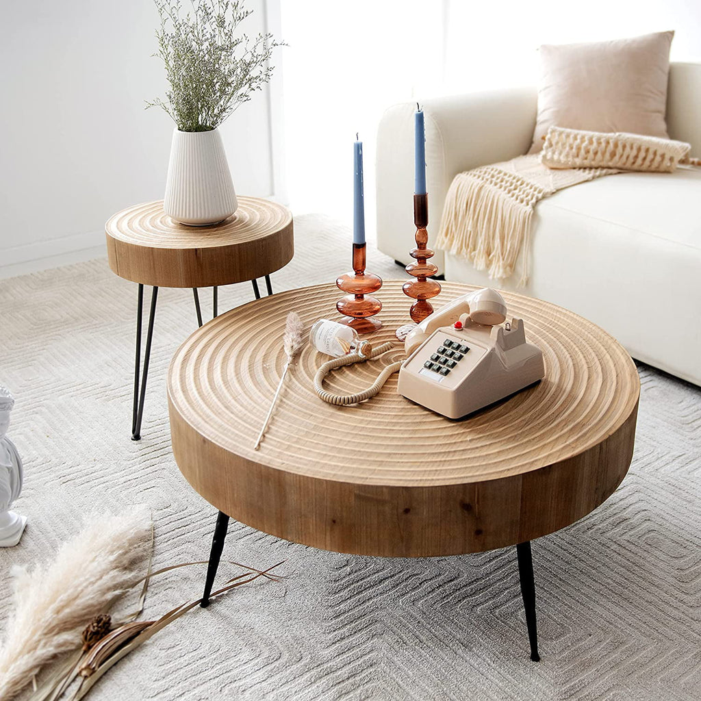 Round Natural Finish Nesting Coffee Table Set Z871